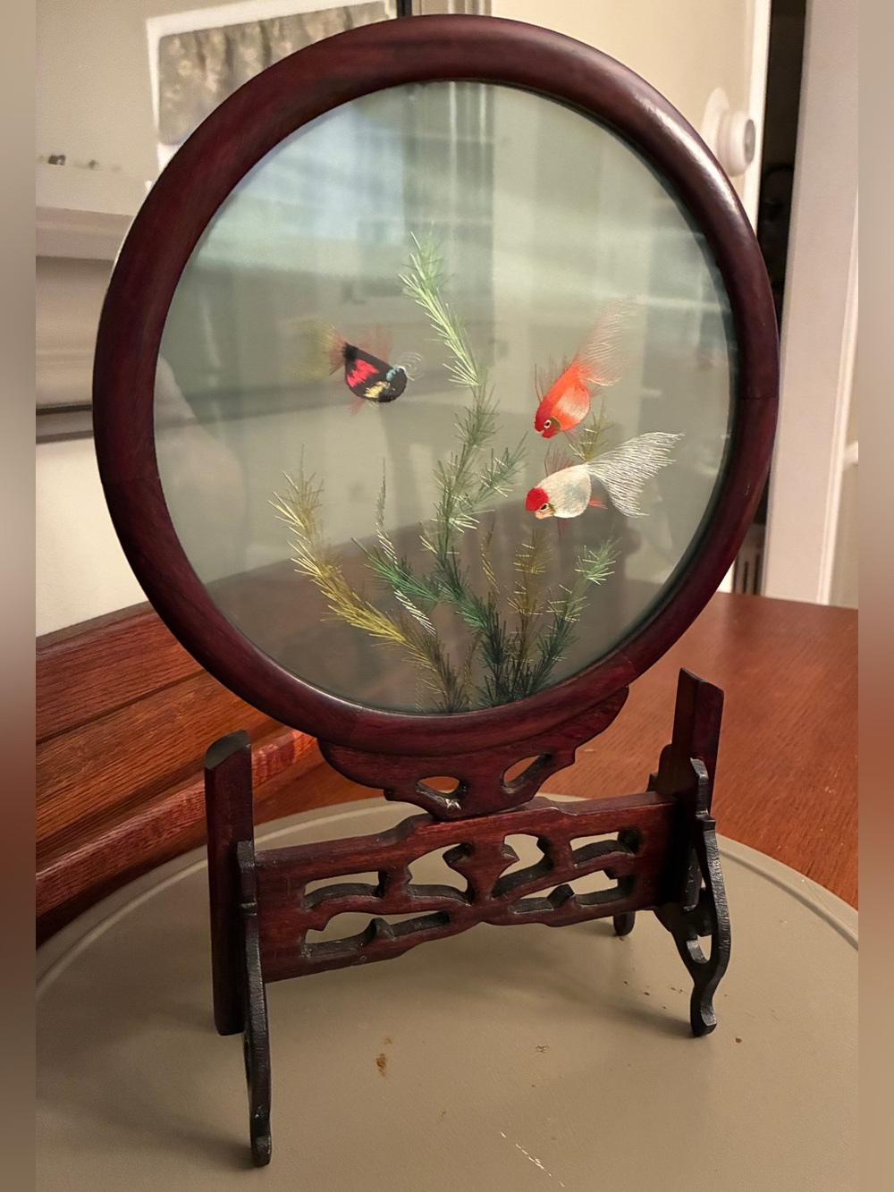 Vintage Chinese embroidered goldfish Suzhou Silk table Screen